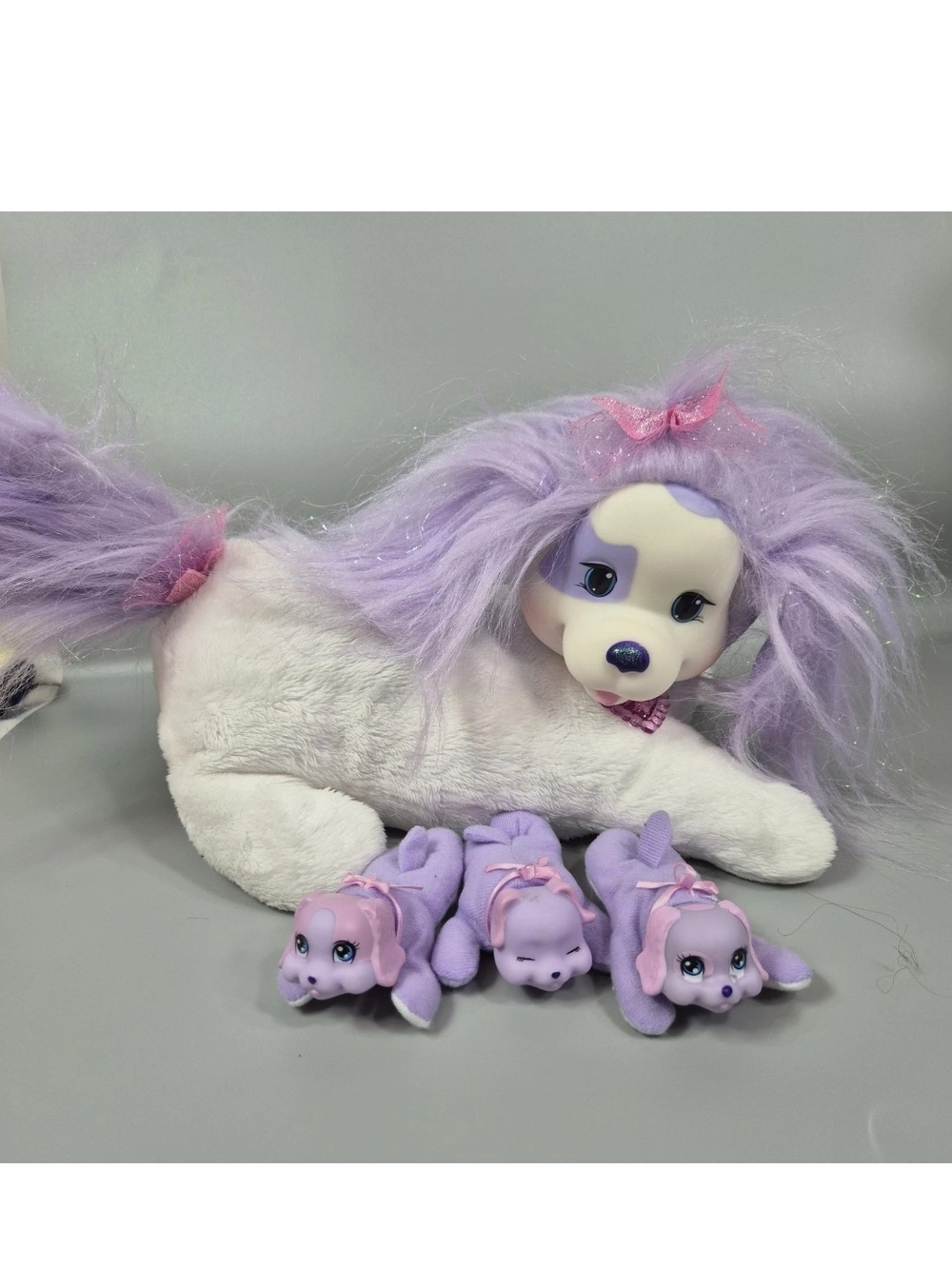 Puppy Surprise Plush Stuffed Dog Mom 3 Puppies 2014 White Purple Pre Loved